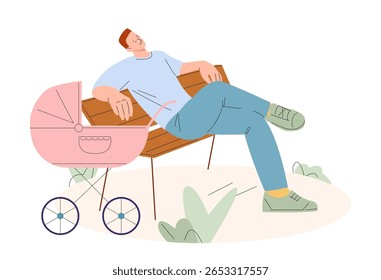 Tired dad walking with baby in stroller. Man sleeping in park on bench, hard parenthood. Outdoor dad walk with newborn, rest on nature vector concept