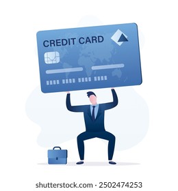 Tired debtor, heavy loans pressure. Borrower holds or tries to lift giant credit card. Hard and difficult financial situation. Bad money management. Male character bankrupt. flat vector illustration