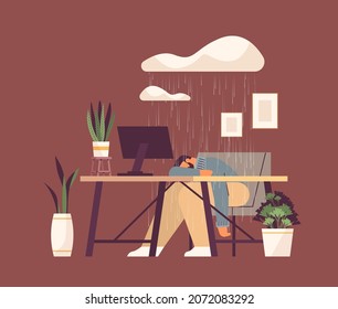 tired depressed businessman sleeping at workplace under rain cloud guy feeling desperate mental health diseases depression