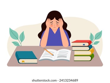 Tired depressed frustrated woman student has panic attack before exam or university tests. Stressful time in study process.