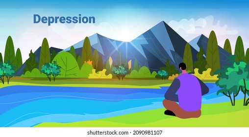 tired depressed man sitting near river unhappy guy feeling desperate mental health diseases depression concept