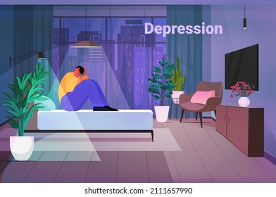 tired depressed man sitting on bed unhappy guy feeling desperate mental health diseases depression concept