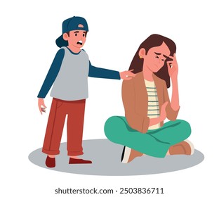 Tired depressed mother sitting on the floor while her son screams and disturbs her. Woman with hyperactive child at home, drowsy character, fatigue, anxiety due to the baby's activity. Cartoon people.