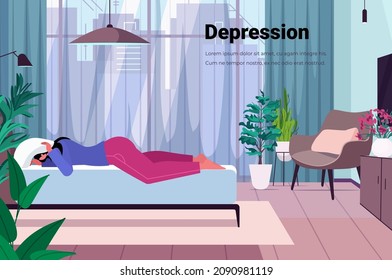 tired depressed woman lying on bed unhappy girlfeeling desperate mental health diseases depression concept