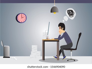 Tired designers work hard on their desks with paper stacks. Hard working concept