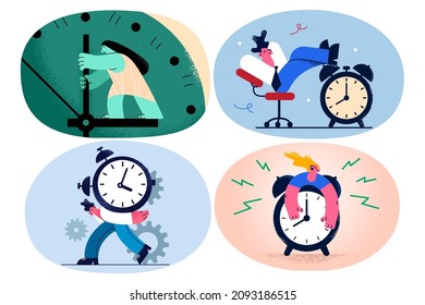 Tired diverse people stand near clock alarm stressed with workload. Exhausted businesspeople or employees miss deadline overwhelmed with job. Overwork, time management. Vector illustration. Set.