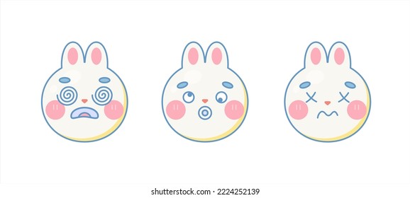 Tired and dizzy cute rabbit emoji faces set. Isolated on white background. Vector cartoon illustration.
