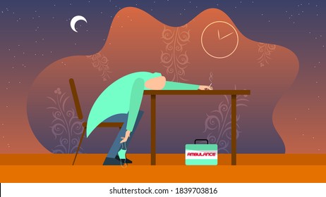 the tired doctor, having taken off the medical mask, fell asleep while sitting at the table against the background of art forms, plant elements, the night sky with the moon and stars.vector