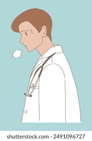 Médico cansado, trabajadores sanitarios con bata de laboratorio suspirando. Dibujado a mano Ilustración vectorial de personaje de dibujos animados.