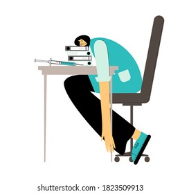 Tired doctor. Tired medical worker is sleeping at his workplace. Overworked, low energy nurse.