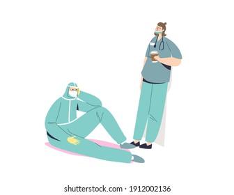 Tired doctor and nurse in protective uniform and masks overworked during covid pandemic sitting on floor exhausted and fatigue. Cartoon flat vector illustration