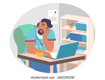 Médico cansado, interno durmiendo en el despacho mientras estaba sentado en el escritorio con su ordenador, ilustración vectorial plana. Exhausto profesional de la salud, trabajador médico. Médico sobrecargado de trabajo.