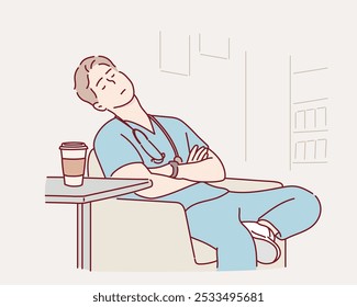 Tired doctor sleeps sitting in a chair after a hard working day. Stress and tired of medical professionals, staff. Overtime work.  Hand drawn style vector design illustrations.