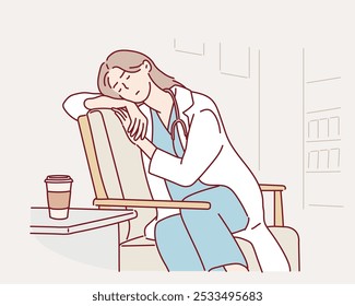 El médico cansado duerme sentado en una silla después de un duro día de trabajo. Estrés y cansado de los profesionales médicos, el personal. Trabajo de horas extras.  Ilustraciones de diseño de Vector de estilo dibujado a mano.