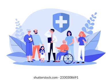 Tired doctor struggling to consult people vector illustration. Crowd of upset patients including children, senior people and people with disabilities. Health workforce shortage, medicine concept