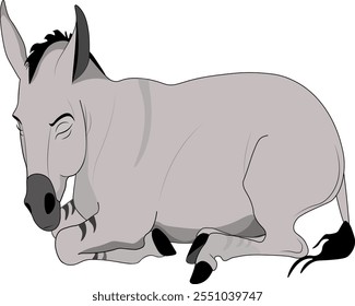 A tired donkey lies on its legs. There are stripes on the body. Isolated. White background