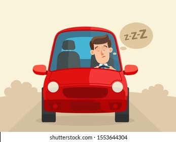 Tired driver fell asleep at the wheel. Sleeping driver, emergency dangerous situation on the road. Unwell, sick car driver. Vector illustration, flat design cartoon style.