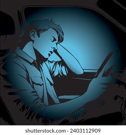 Tired driver to sleep behind the wheel. Sleeping driver, emergency dangerous situation on the road. Unwell, sick car driver. Vector illustration.