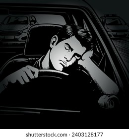 Tired driver to sleep behind the wheel. Sleeping driver, emergency dangerous situation on the road. Unwell, sick car driver. Vector illustration.