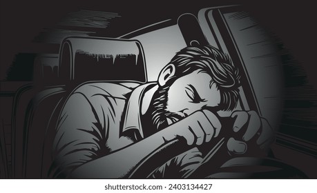 Tired driver to sleep behind the wheel. Sleeping driver, emergency dangerous situation on the road. Unwell, sick car driver. Vector illustration