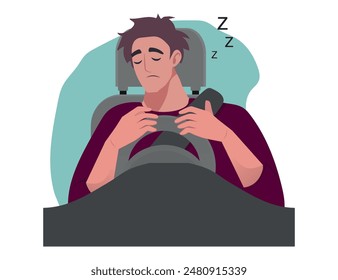 Tired driver to sleep behind the wheel. Sleeping driver, emergency dangerous situation on the road. Unwell, sick car driver. Vector illustration, flat design cartoon style.