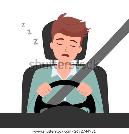 Tired driver to sleep behind the wheel. Sleeping driver, emergency dangerous situation on the road. Unwell, sick car driver. Vector illustration, flat design cartoon style.