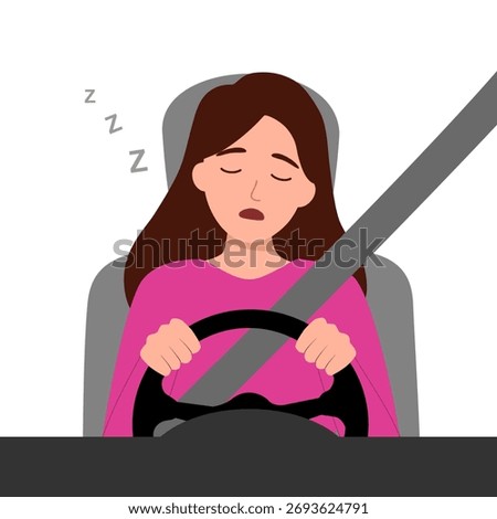 Tired driver to sleep behind the wheel. Sleeping driver, emergency dangerous situation on the road. Unwell, sick car driver. Vector illustration, flat design cartoon style.