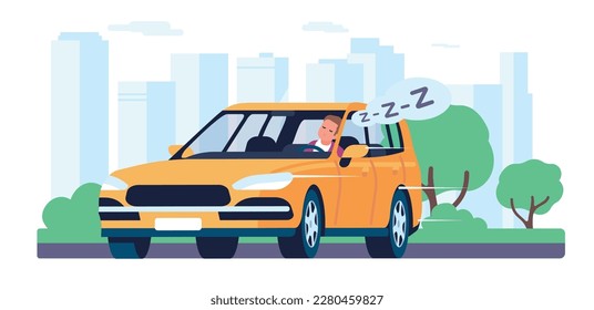 Tired driver sleeps behind wheel of moving car. Creating an accident on road. Overworked man slumbering in automobile. City traffic. Dreaming guy. Risk auto collision