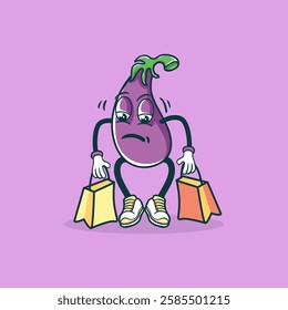 A tired eggplant cartoon character is carrying two shopping bags suggesting exhaustion from shopping.