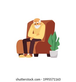 Tired elderly man resting in chair, flat vector illustration isolated on white background. Aging and lack of energy in old age, health problems of seniors.