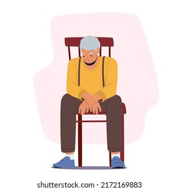 Tired Elderly Man Sitting On Chair with Depressed or Unhealthy Look. Grandfather Suffer of Health Problems, Aged Character Loneliness, Old Man Feel Depression. Cartoon People Vector Illustration