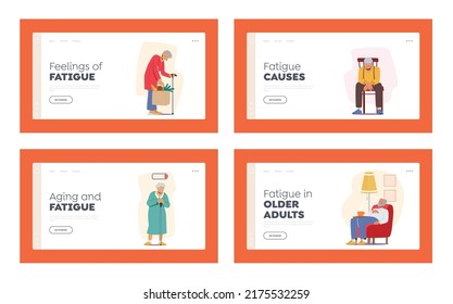 Tired Elderly People Landing Page Template Set. Sad or Forworn Grandfather or Grandmother Health Problems, Loneliness, Senility. Old Characters Fatigue, Tiredness, Illness. Cartoon Vector Illustration