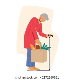 Tired Elderly Woman Carry Food Or Grocery In Bag. Granny Stand Leaning On Walking Cane. Grandmother Need Help. Aged People Health Problems, Senior Character Fatigue. Cartoon People Vector Illustration