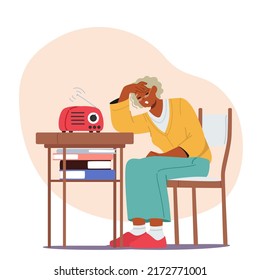 Tired Elderly Woman Sitting On Chair At Table With Sad Look. Grandmother Health Problems, Loneliness, Depression or Headache. Old Female Character at Home Interior. Cartoon People Vector Illustration