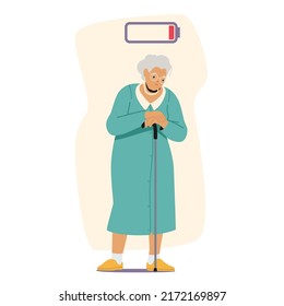 Tired Elderly Woman Unwell Feeling. Lonely Old Female Character With Low Vitality, Grandmother Feel Bad, Need Medical Help Or Communication. Seniors Loneliness, Depression. Cartoon Vector Illustration