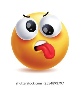 Tired emoji clipart character. Stress clip art facial expressions like unwell, drained, fatigue, exhausted and sad face round yellow graphic design. Vector illustration tongue out emoticon.
