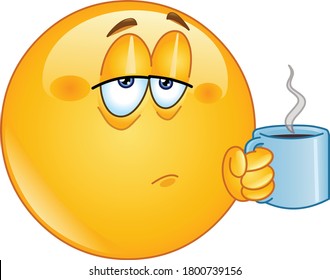 Tired emoji emoticon holding coffee morning mug