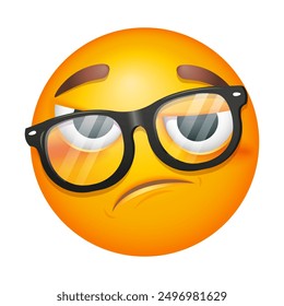 Tired emoji in eyeglasses. Overworked emoticon on white background. Cute emoticon