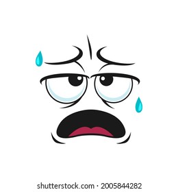 Tired emoticon, no energy avatar with tongue in mouth isolated character. Vector burnout emoticon, exhausted face expression after workout, face with drops of sweat. Fatigue comic smiley head