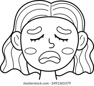 Tired emotion face in black and white. Little girl clipart with emotional expression in outline. Feeling concept vector illustration