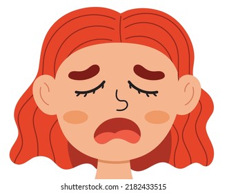 Tired emotion face. Little girl clipart with emotional expression. Feeling concept vector illustration