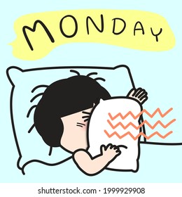 Tired Emotional Young Woman Is Screaming Into A Pillow While Hearing Huge Speech Bubble With Monday Word Concept Card Character illustration