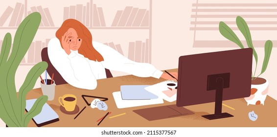 Tired employee at computer desk at work. Exhausted creative office worker at workplace. Bored, overworked and unmotivated woman in depression. Burnout and exhaustion concept. Flat vector illustration