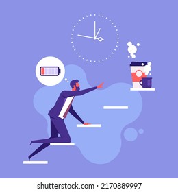 Tired employee crawls up stairs for cup of coffee. Break time, businessman with low battery. Timeout after hard work. Overwork concept. Flat vector illustration