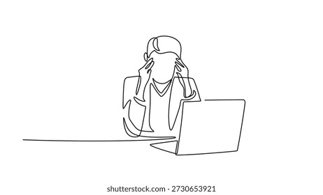 Empleado cansado con dolor de cabeza solo dibujo de línea continua. Estrés en el lugar de trabajo y Ilustración vectorial de agotamiento profesional dibujado a mano.