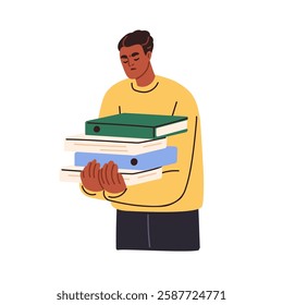 Tired employee holding paper documents stack. Sad bored fatigue office worker, clerk overloaded with paperwork, exhausted by bureaucracy. Flat vector illustration isolated on white background