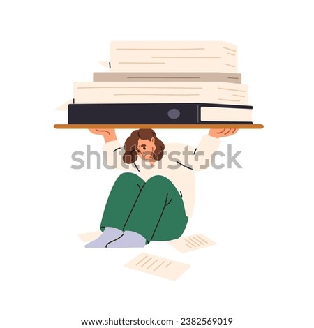 Tired employee overloaded with documents, business papers. Paperwork, bureaucracy burden concept. Fatigue office worker loaded with lot of work. Flat vector illustration isolated on white background