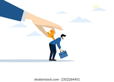 tired employee recharge concept, force or wind to stimulate or motivate tired people, big hand of manager turning wind key or winding clock to motivate businessman office worker.