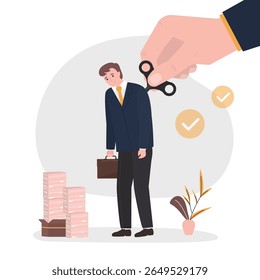 Cansado conceito de recarga do funcionário, força ou chave de liquidação para estimular ou motivar pessoas cansadas, grande mão de gerente girando chave de vento ou relógio de liquidação para motivar o trabalhador de escritório do empresário. vetor plano