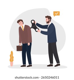 Recarga cansada de funcionário, força ou chave de encerramento para estimular ou motivar pessoas cansadas. Chefe ou colega virando chave de vento ou relógio de corda para motivar o trabalhador de escritório do empresário. ilustração vetorial